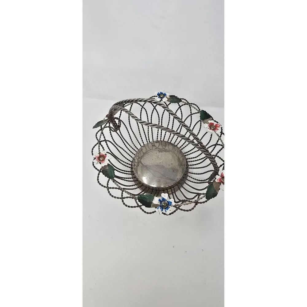 Vtg chrome metal wire fruit bowl basket retro flower kitchen‎ décor rustic